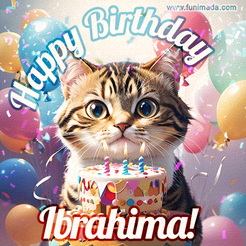 Happy birthday gif for Ibrahima with cat and cake