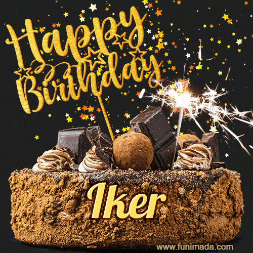 Celebrate Iker's birthday with a GIF featuring chocolate cake, a lit sparkler, and golden stars