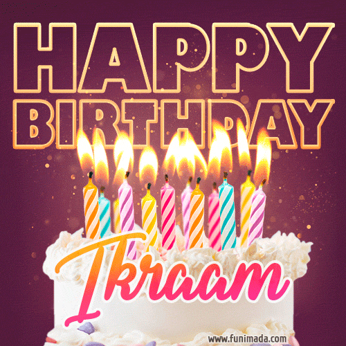 Ikraam - Animated Happy Birthday Cake GIF Image for WhatsApp