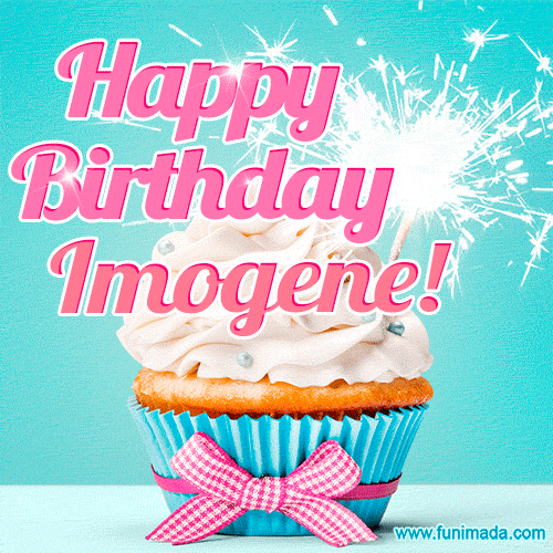 Happy Birthday Imogene! Elegang Sparkling Cupcake GIF Image.