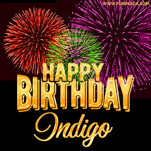 Wishing You A Happy Birthday, Indigo! Best fireworks GIF animated greeting card.