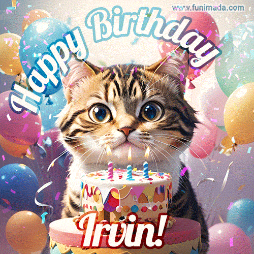 Happy birthday gif for Irvin with cat and cake