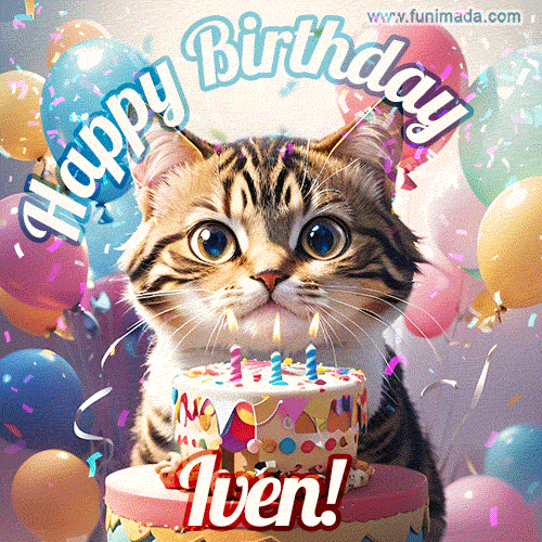 Happy birthday gif for Iven with cat and cake