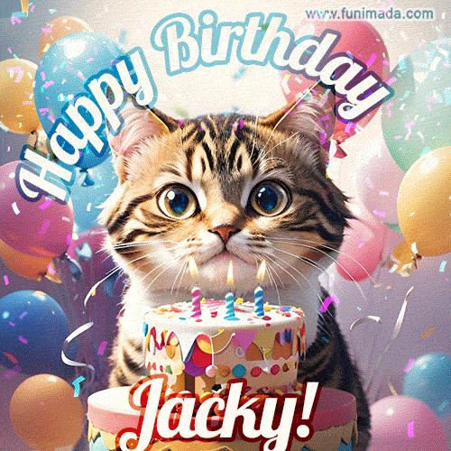 Happy birthday gif for Jacky with cat and cake