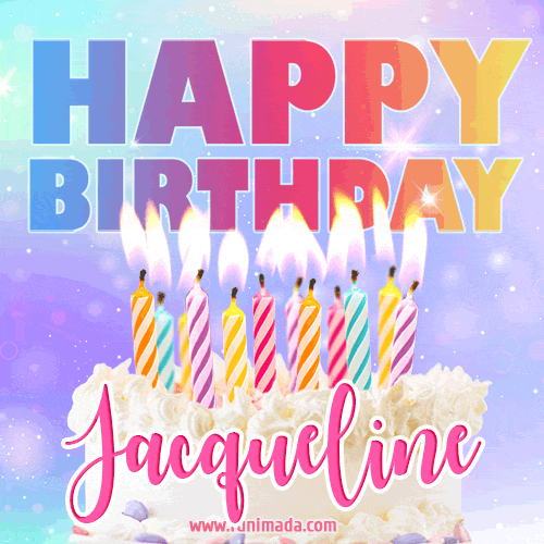 Animated Happy Birthday Cake with Name Jacqueline and Burning Candles