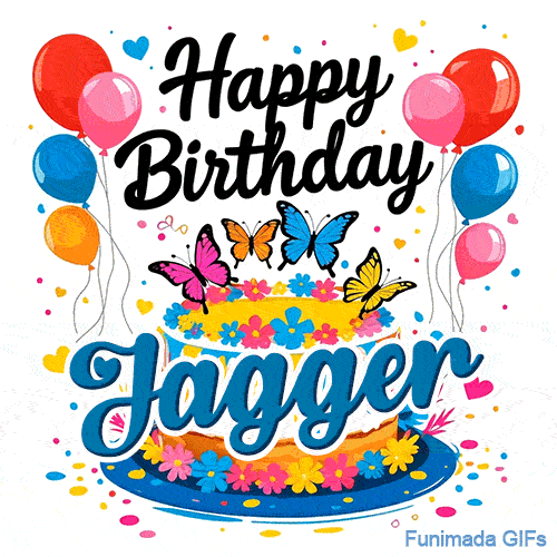 Colorful confetti and hearts floating around a white glazed cake with the name Jagger written on the front.