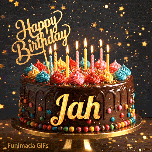 Cute chocolate cake animation with Jah's name, decorated with glowing birthday candles and multicolored icing.