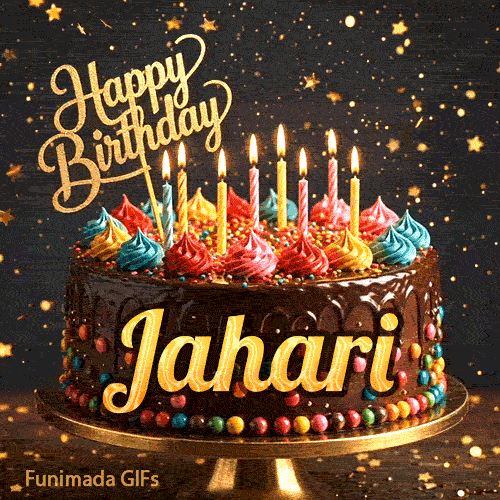 Festive chocolate cake GIF with the name Jahari written on the dark glaze under flickering candles.