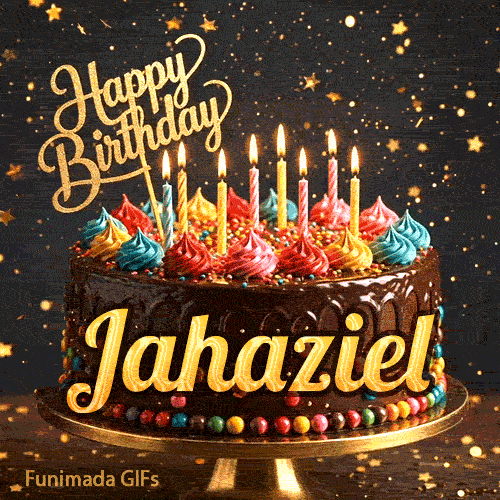 Close-up of a decorative chocolate cake with a gold Happy Birthday topper and warm glowing candle flames, made for Jahaziel.