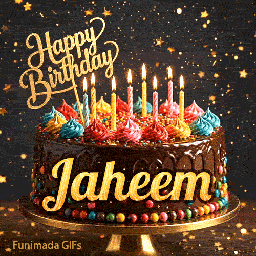 Bold golden lettering spelling Jaheem on a gourmet chocolate cake decorated with small colorful candies at the base.
