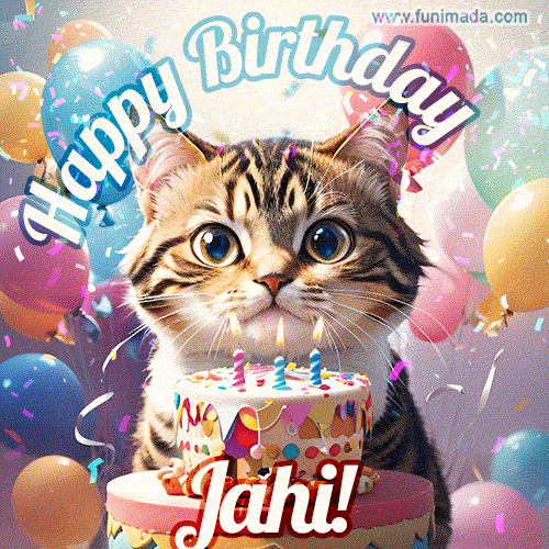 Happy birthday gif for Jahi with cat and cake