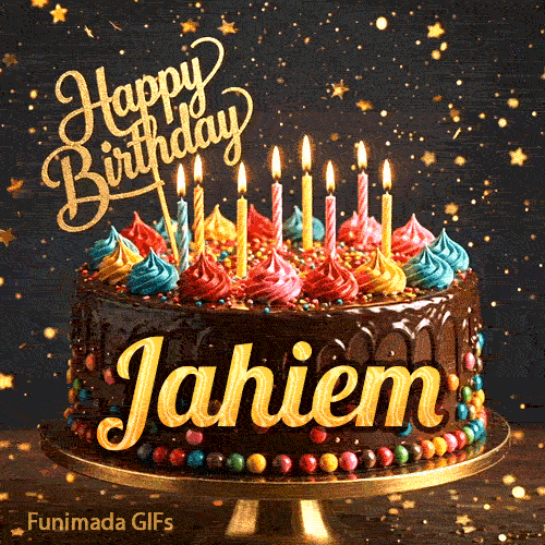 A rich chocolate frosted cake on a gold stand with glowing yellow candles, personalized with the name Jahiem.