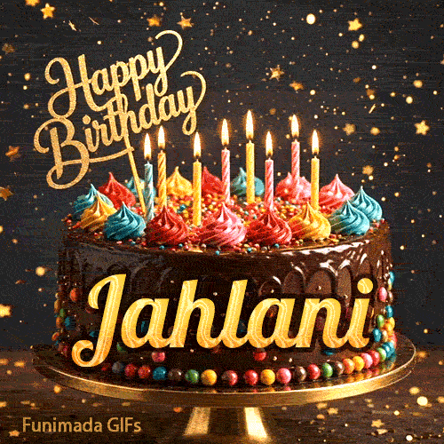 Close-up of a chocolate birthday cake with multicolored frosting swirls and colorful candy beads around the gold base. Greeting text with name Jahlani
