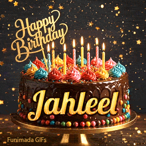 Happy Birthday Jahleel animated image showcasing a decorated chocolate cake on a pedestal with glowing candles.