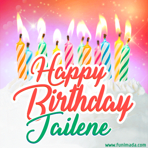 Bright birthday candles with rainbow flames on a cake, alongside the text 'Happy Birthday Jailene' in vibrant script in this celebratory animated GIF.