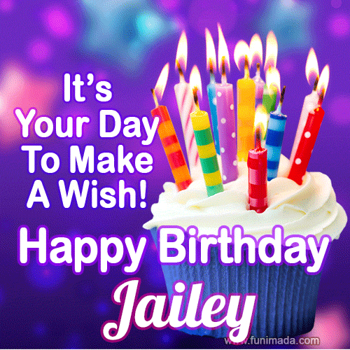 A colorful birthday GIF for Jailey featuring a cupcake with vibrant lit candles and the text 'It's Your Day to Make a Wish! Happy Birthday Jailey' in bold letters on a festive purple background.