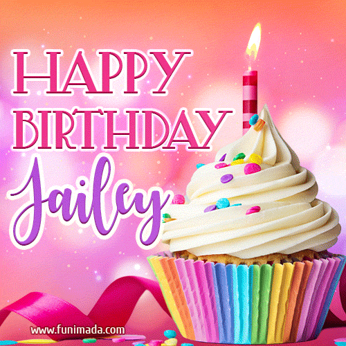 A vibrant birthday GIF featuring a rainbow-colored cupcake topped with white frosting, sprinkles, and a lit candle. The text reads 'Happy Birthday Jailey' in bold pink and violet letters with white outline.