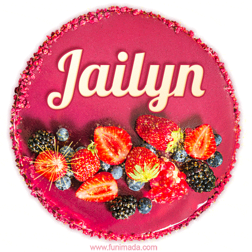 Beautifully decorated red velvet berry birthday cake with vibrant fruits and a glowing 'Jailyn' name, adding a touch of sweetness and sparkle.