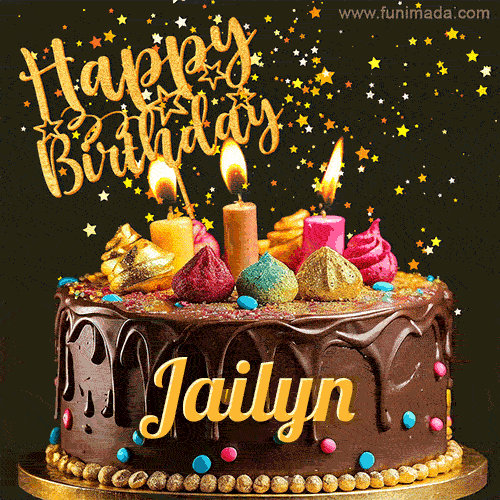 A delightful chocolate birthday cake with bright candles and 'Happy Birthday Jailyn' written in gold amidst a shower of animated stars.