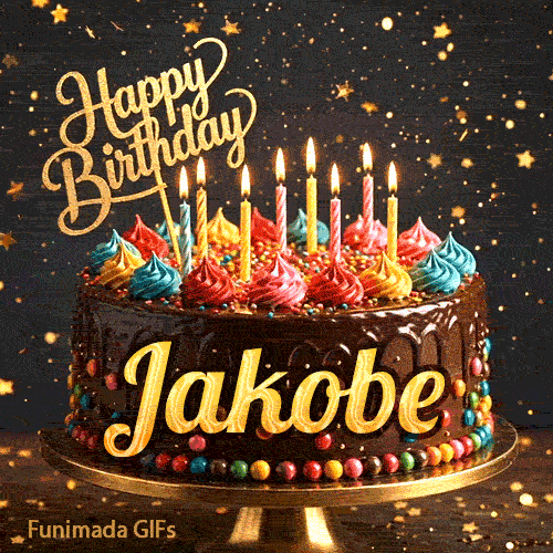 Gourmet chocolate cake on a pedestal with glowing candles and colorful whipped frosting, custom-made for Jakobe.