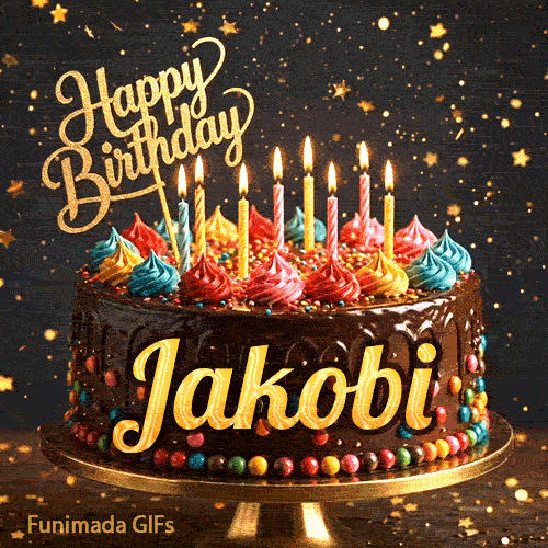 Bright candles flickering on a festive chocolate cake with the name Jakobi displayed in golden letters.