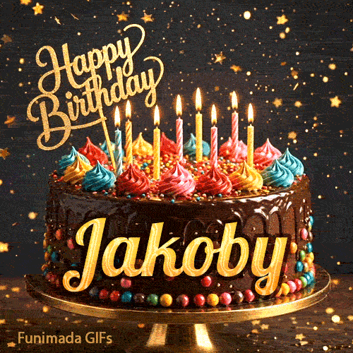 Golden lettering spelling Jakoby on a rich chocolate birthday cake decorated with rainbow sprinkles.