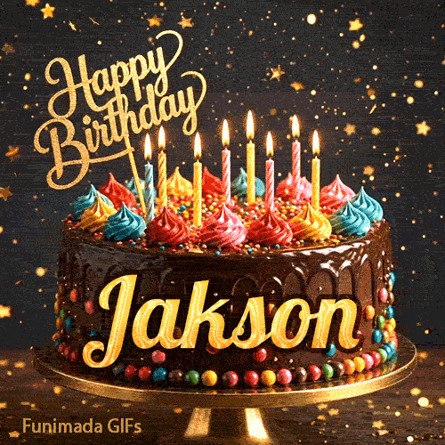 A birthday cake with colorful frosting swirls, burning candles, and the name Jakson on a dark, sparkly background.