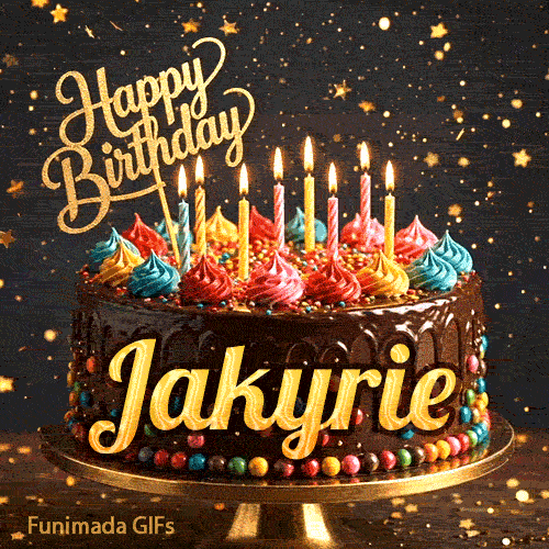 A chocolate birthday cake with colorful candies at the base and lit candles on top, featured on an animated card for Jakyrie.