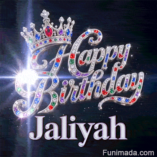 Custom birthday GIF for Jaliyah showing glittering crystals, a majestic tiara, and stellar space light beams.