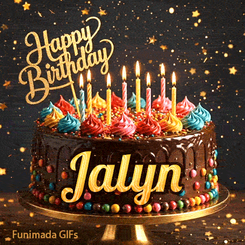 Jalyn's personalized birthday ecard showing a rich chocolate cake decorated with multicolored swirls under sparkling gold stars.