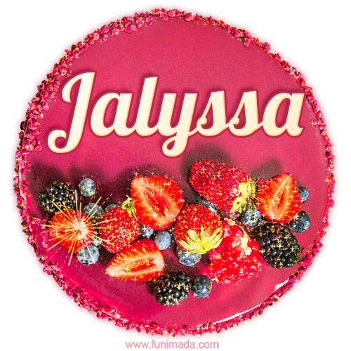 Beautifully decorated red velvet berry birthday cake with vibrant fruits and a glowing 'Jalyssa' name, adding a touch of sweetness and sparkle.