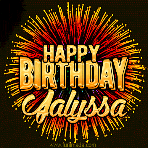 Golden 'Happy Birthday Jalyssa' text accompanied by animated rainbow fireworks for a festive animated greeting.