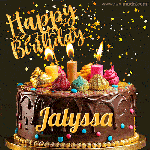A delightful chocolate birthday cake with bright candles and 'Happy Birthday Jalyssa' written in gold amidst a shower of animated stars.