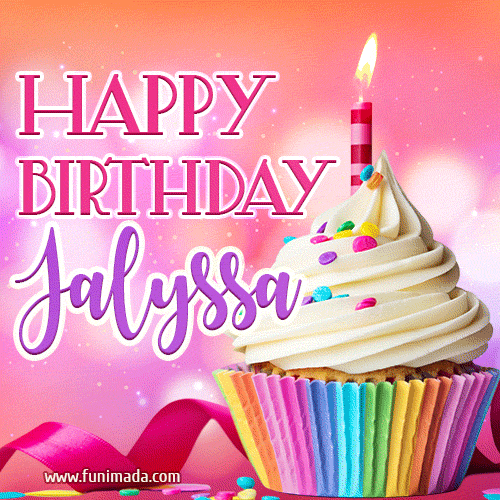 A vibrant birthday GIF featuring a rainbow-colored cupcake topped with white frosting, sprinkles, and a lit candle. The text reads 'Happy Birthday Jalyssa' in bold pink and violet letters with white outline.
