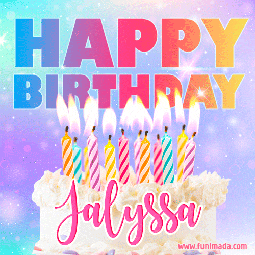 A vibrant animated name GIF with the words 'Happy Birthday Jalyssa' with colorful candles on a creamy cake. The background sparkles with pastel shades, adding a festive touch.