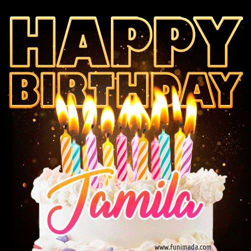 Jamila - Animated Happy Birthday Cake GIF Image for WhatsApp