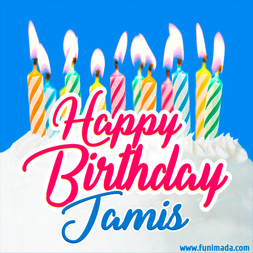 Happy Birthday GIF for Jamis with Birthday Cake and Lit Candles