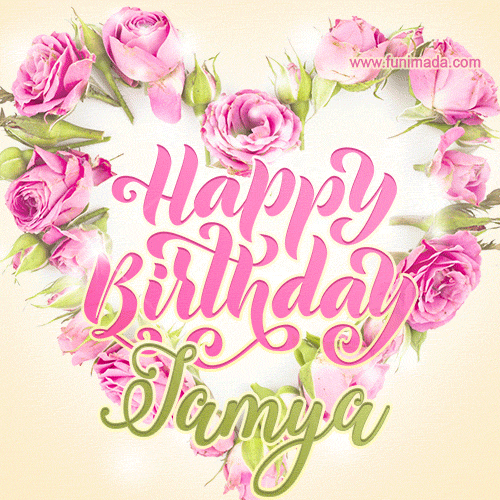 A stunning heart made of pink roses surrounds the elegant script text 'Happy Birthday Jamya' on a soft beige background. Animated sparkles add a magical and festive feel.