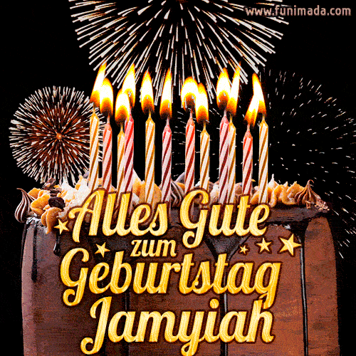A chocolate birthday cake with glowing candles, the German text 'Alles Gute zum Geburtstag Jamyiah,' and vibrant fireworks lighting up the background in an animated GIF.