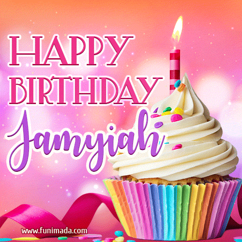 A vibrant birthday GIF featuring a rainbow-colored cupcake topped with white frosting, sprinkles, and a lit candle. The text reads 'Happy Birthday Jamyiah' in bold pink and violet letters with white outline.