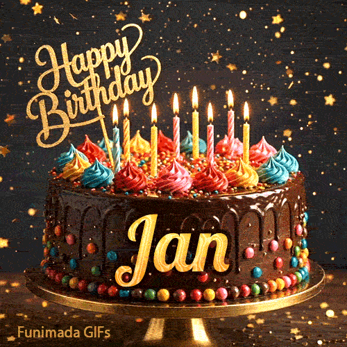 A rich chocolate frosted cake on a gold stand with glowing yellow candles, personalized with the name Jan.