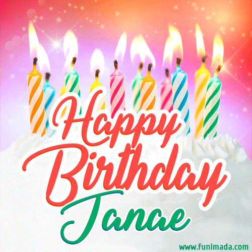 Bright birthday candles with rainbow flames on a cake, alongside the text 'Happy Birthday Janae' in vibrant script in this celebratory animated GIF.