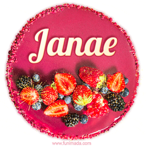 Beautifully decorated red velvet berry birthday cake with vibrant fruits and a glowing 'Janae' name, adding a touch of sweetness and sparkle.