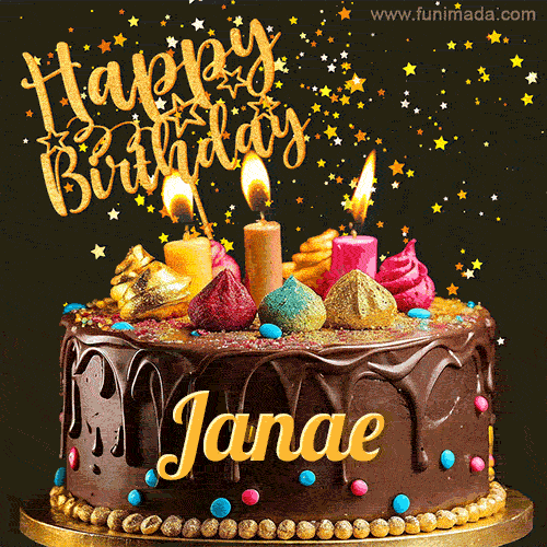 A delightful chocolate birthday cake with bright candles and 'Happy Birthday Janae' written in gold amidst a shower of animated stars.
