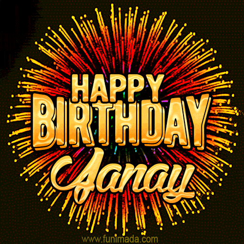 Golden 'Happy Birthday Janay' text accompanied by animated rainbow fireworks for a festive animated greeting.