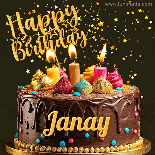 A delightful chocolate birthday cake with bright candles and 'Happy Birthday Janay' written in gold amidst a shower of animated stars.