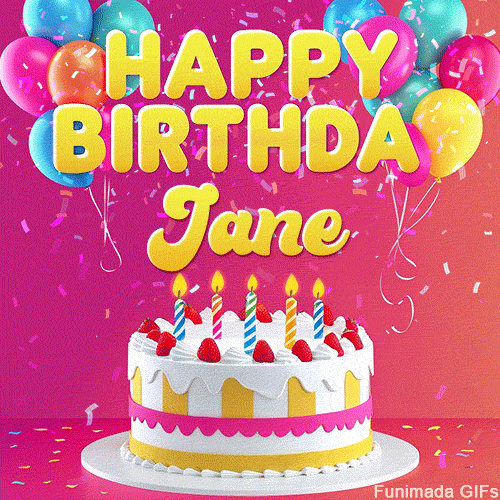 Pink-themed animated greeting with balloons, confetti, and a frosted cake under the message 'Happy Birthday Jane' in bold rounded yellow font.