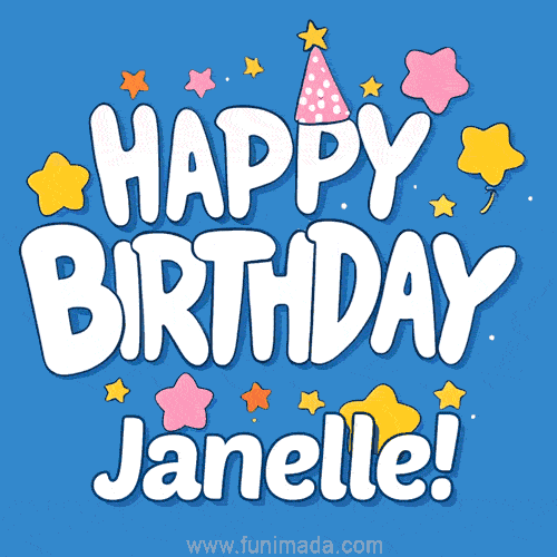 Colorful animated birthday card with the text 'HAPPY BIRTHDAY Janelle!' in a white playful font surrounded by stars, hearts, and a party hat on a blue background.