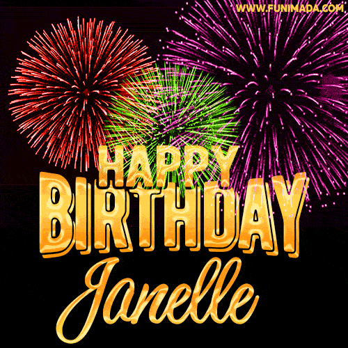 Wishing You A Happy Birthday, Janelle! Best fireworks GIF animated greeting card.