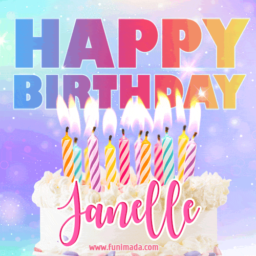 Animated Happy Birthday Cake with Name Janelle and Burning Candles